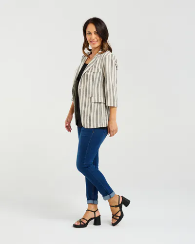 Model wearing Ivory Weave Jocelyn Blazer By Seduce Available at Beetees Nelson